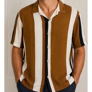 Denim&Flower Men Striped Black White Brown Slim Fit XL Ricky Singh Shirt Button